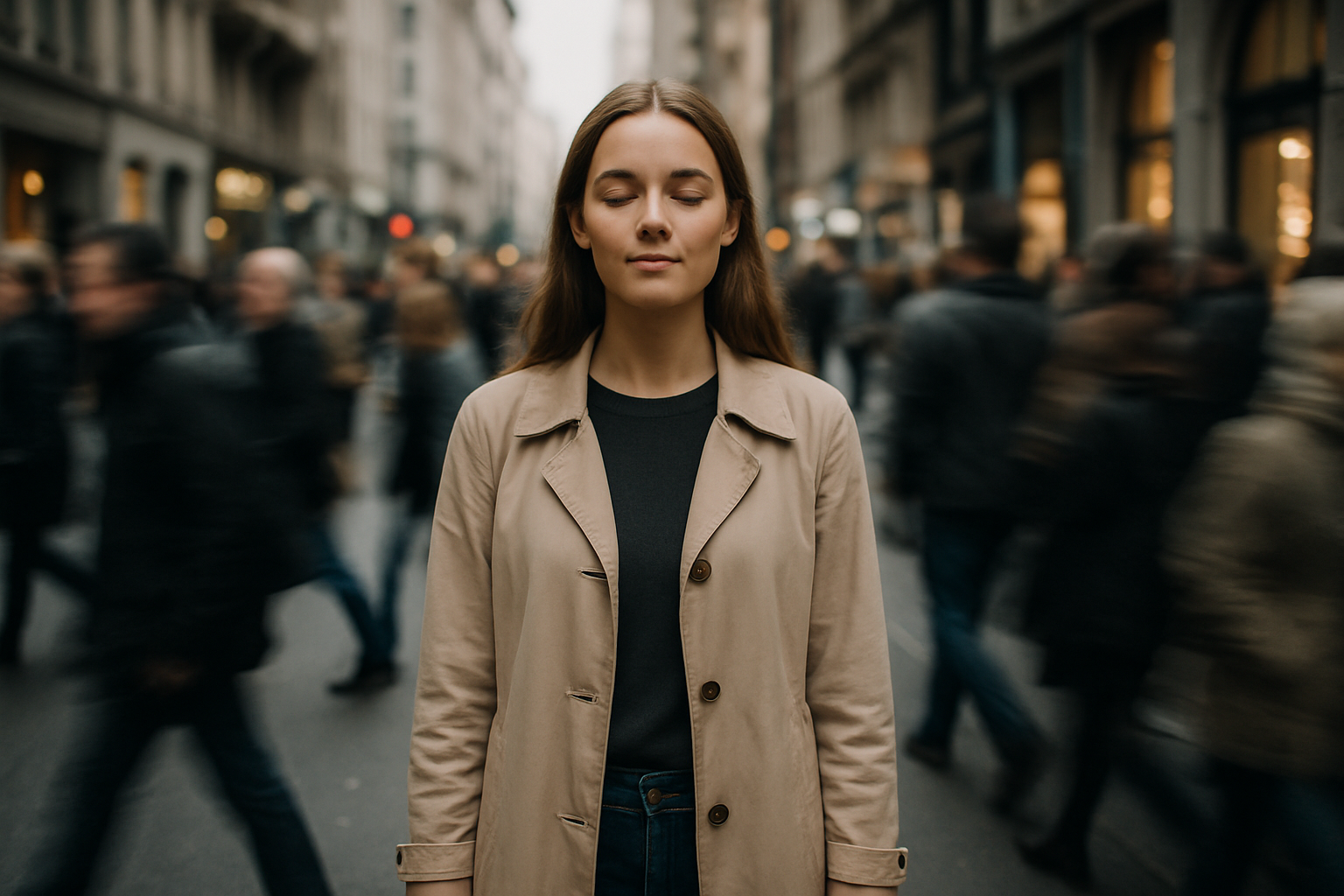 Person standing peacefully with feet firmly planted, looking calm and centered, representing successful grounding