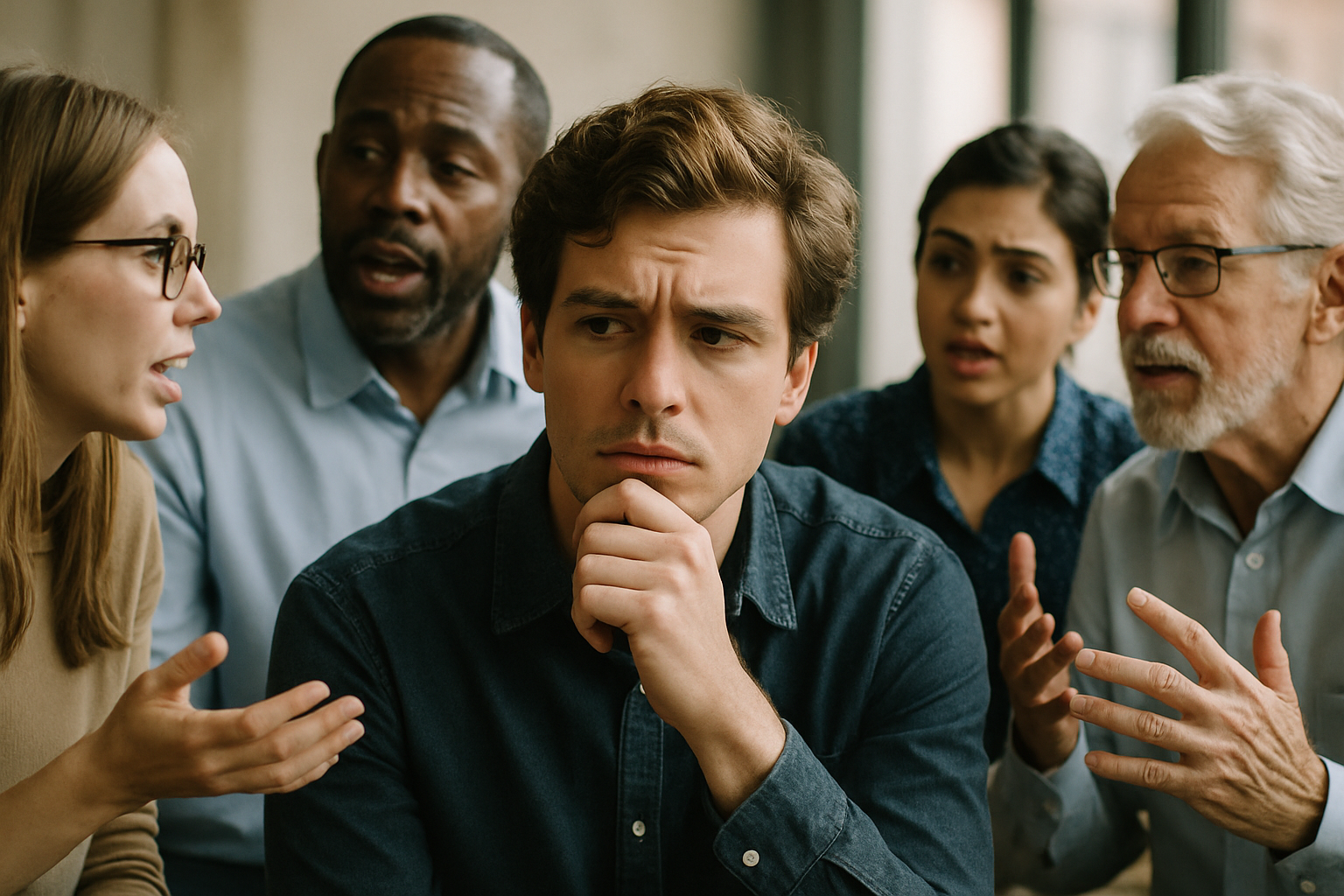 Person looking thoughtful while surrounded by different personality types, representing the process of identifying energy vampires