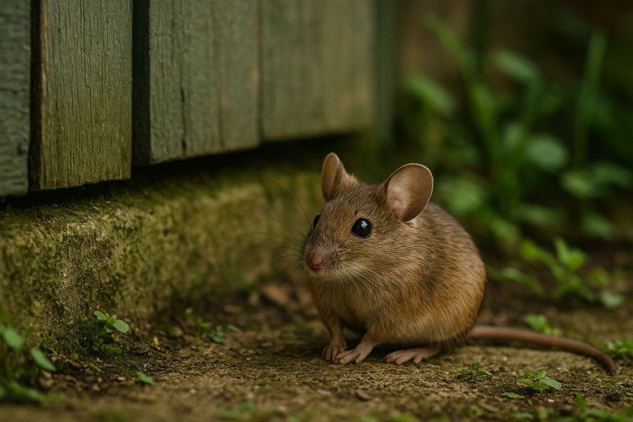 Small brown mouse sitting peacefully near a garden shed, eyes alert but calm